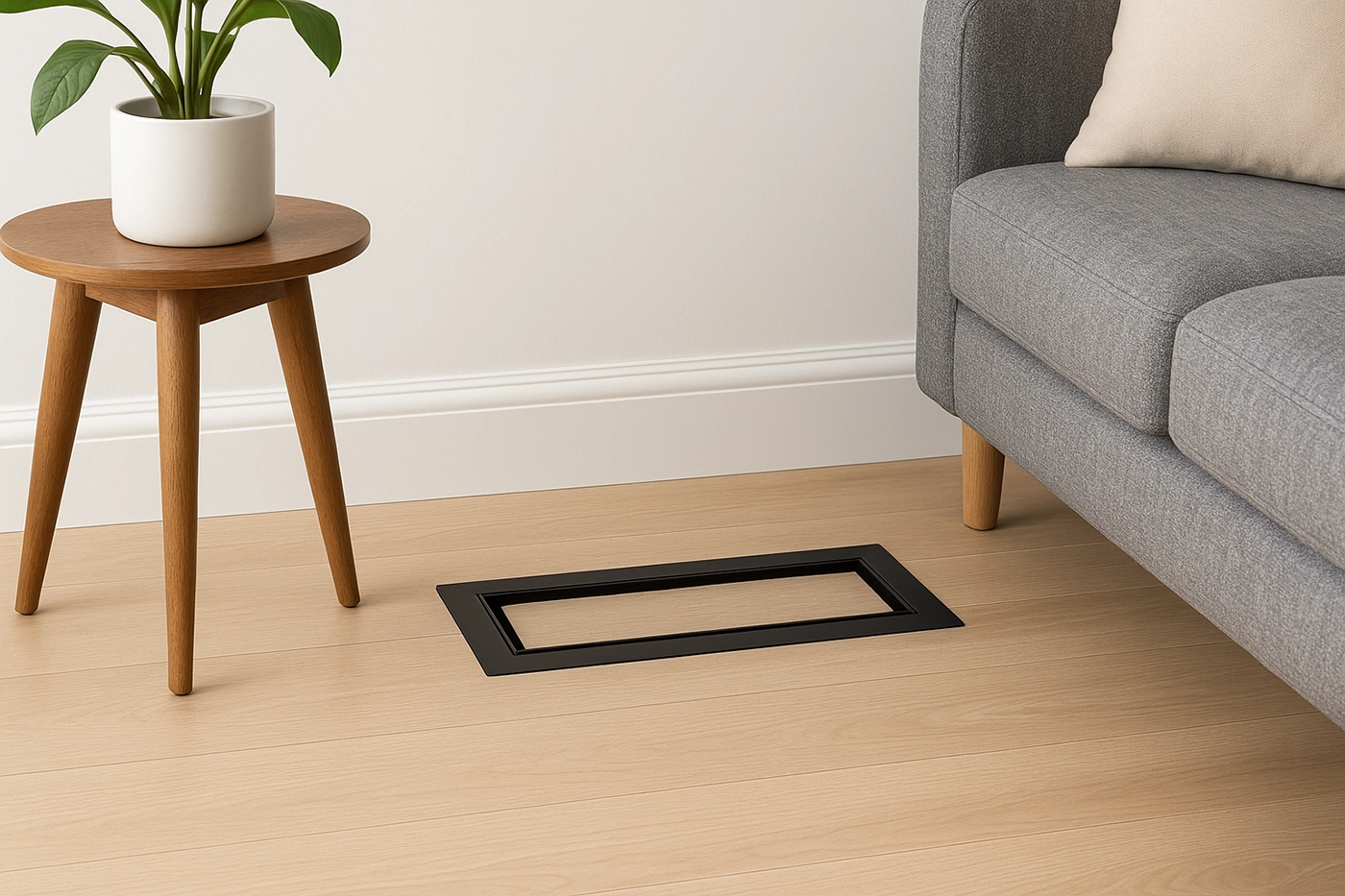 Aria vent installation near sofa on light wood floor – Aria Vents Installation in Richmond Hill by Express Drywall Services