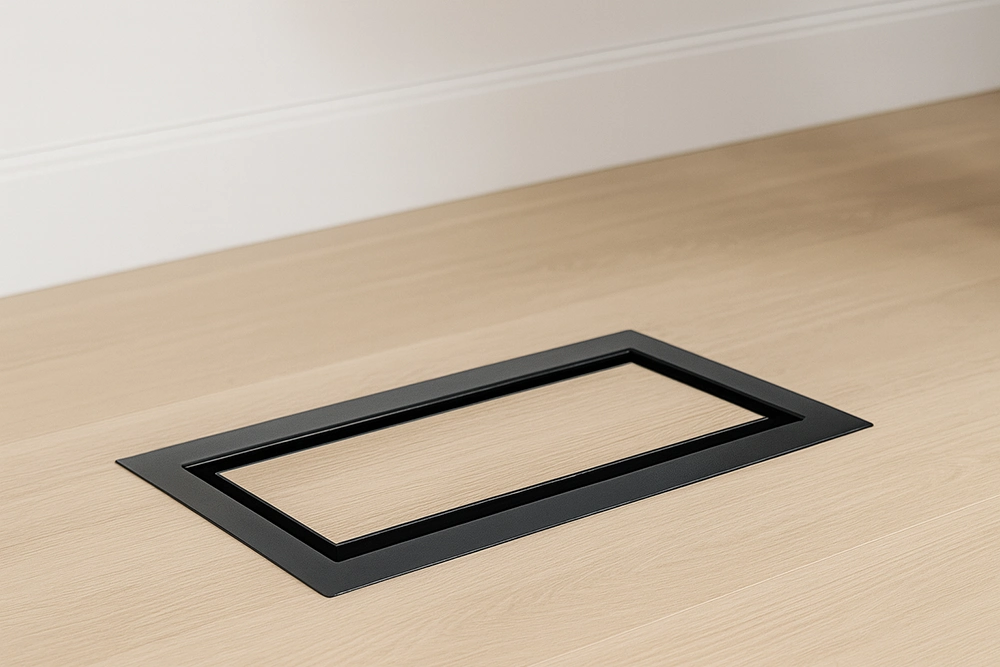 Modern black Aria vent installed on light wood floor – Aria Vents Installation in Richmond Hill by Express Drywall Services