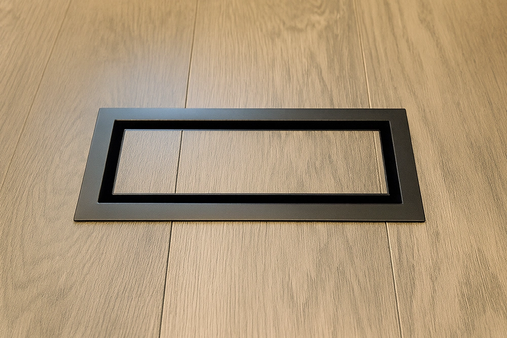 Black Aria vent installed on wooden floor – Aria Vents Installation in Richmond Hill by Express Drywall Services