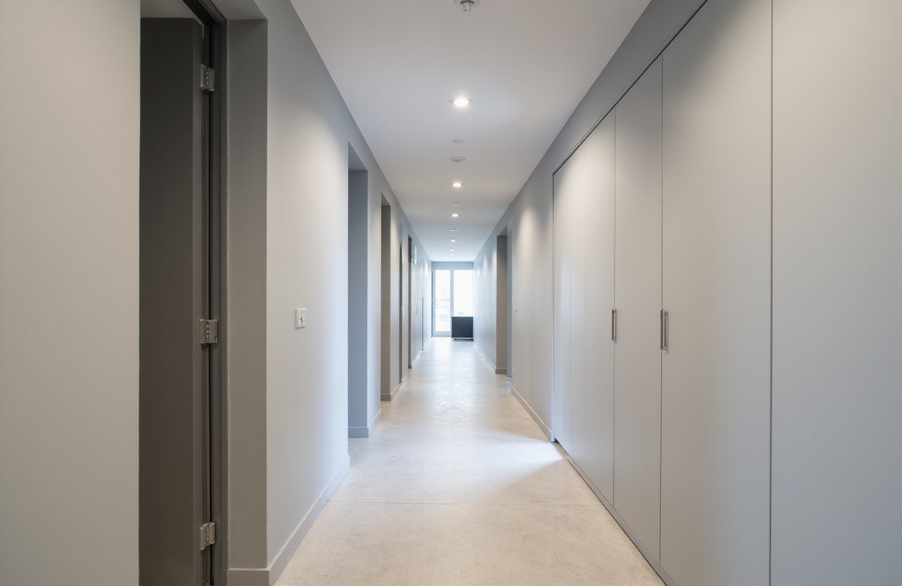 Commercial hallway featuring fire and sound separation in Richmond Hill by Express Drywall Services.