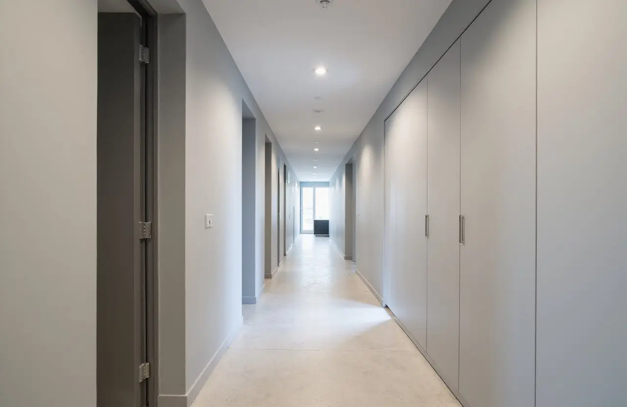 Commercial hallway featuring fire and sound separation in Richmond Hill by Express Drywall Services.