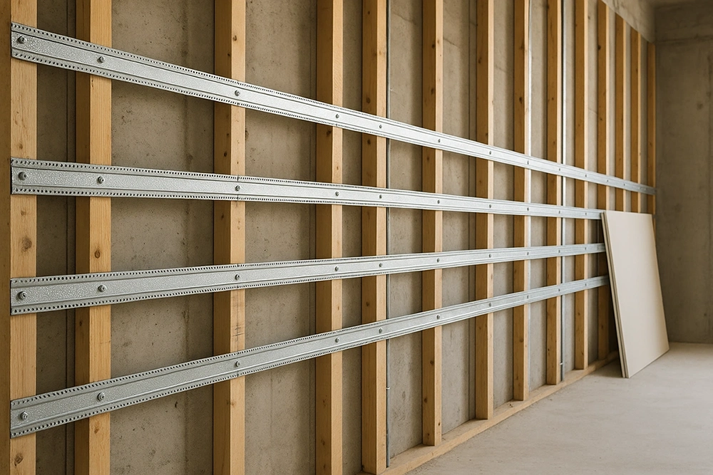 Wall prepared with resilient channels for drywall installation – Resilient Channel Installation in Richmond Hill by Express Drywall Services