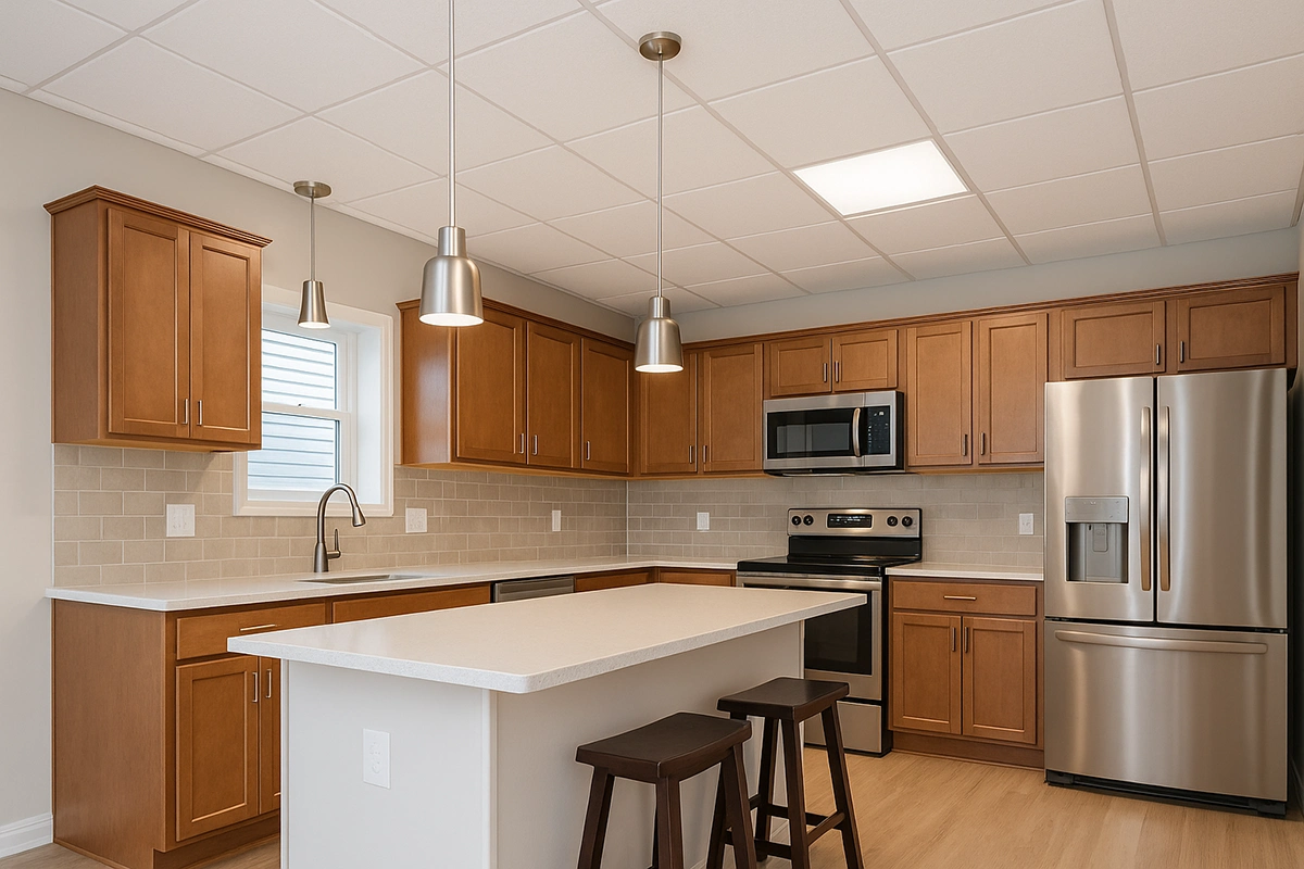 Kitchen with T-Bar and drop ceiling installed in Richmond Hill by Express Drywall Services.