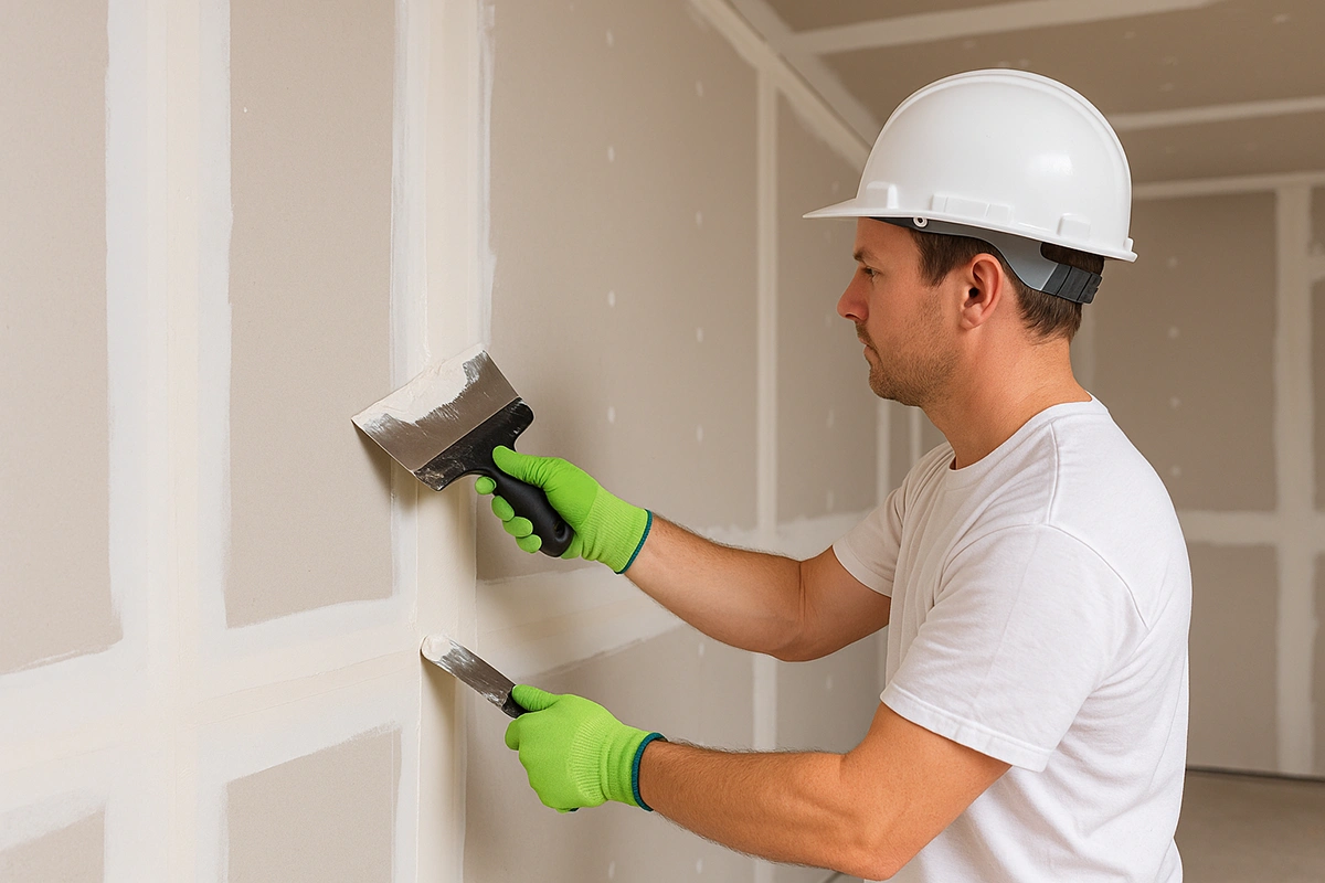Contractor applying mud during taping and mudding in Richmond Hill by Express Drywall Services.