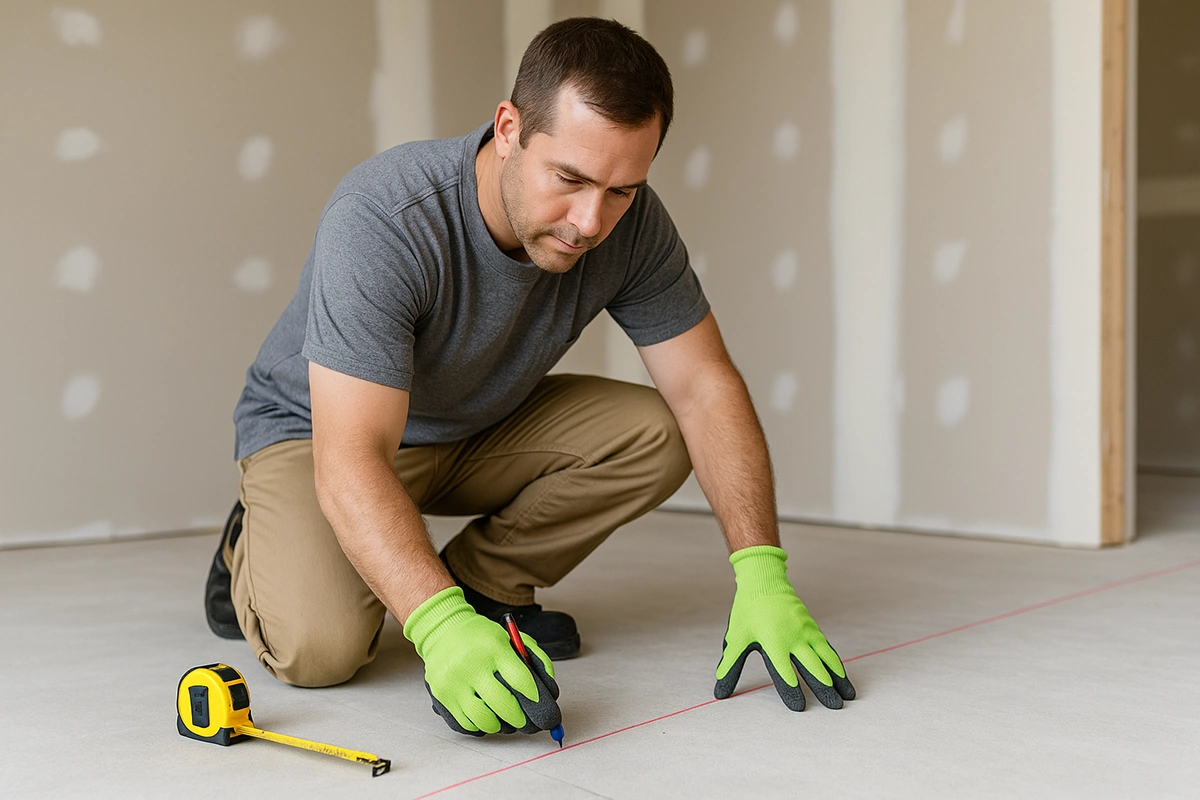 Worker marking floor layout with chalk line and tape measure, step one in how to build a new wall.