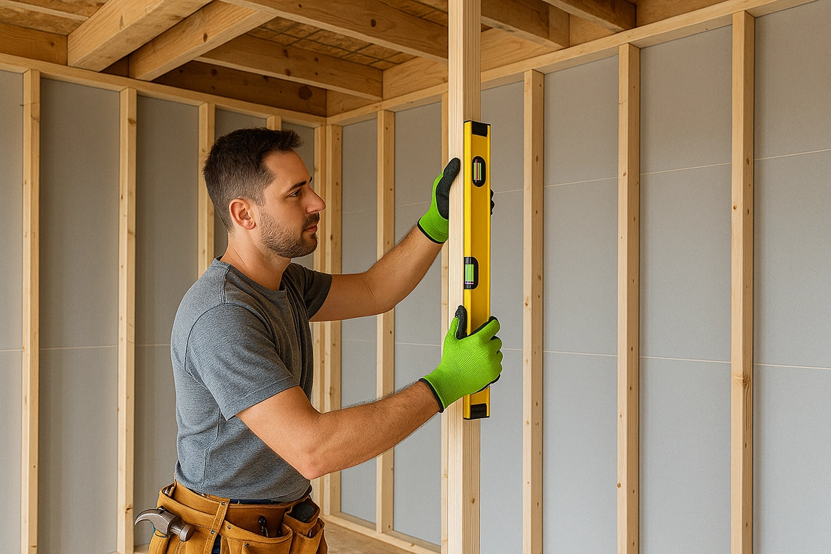 Contractor checking vertical stud alignment with level tool, framing stage in how to build a new wall.