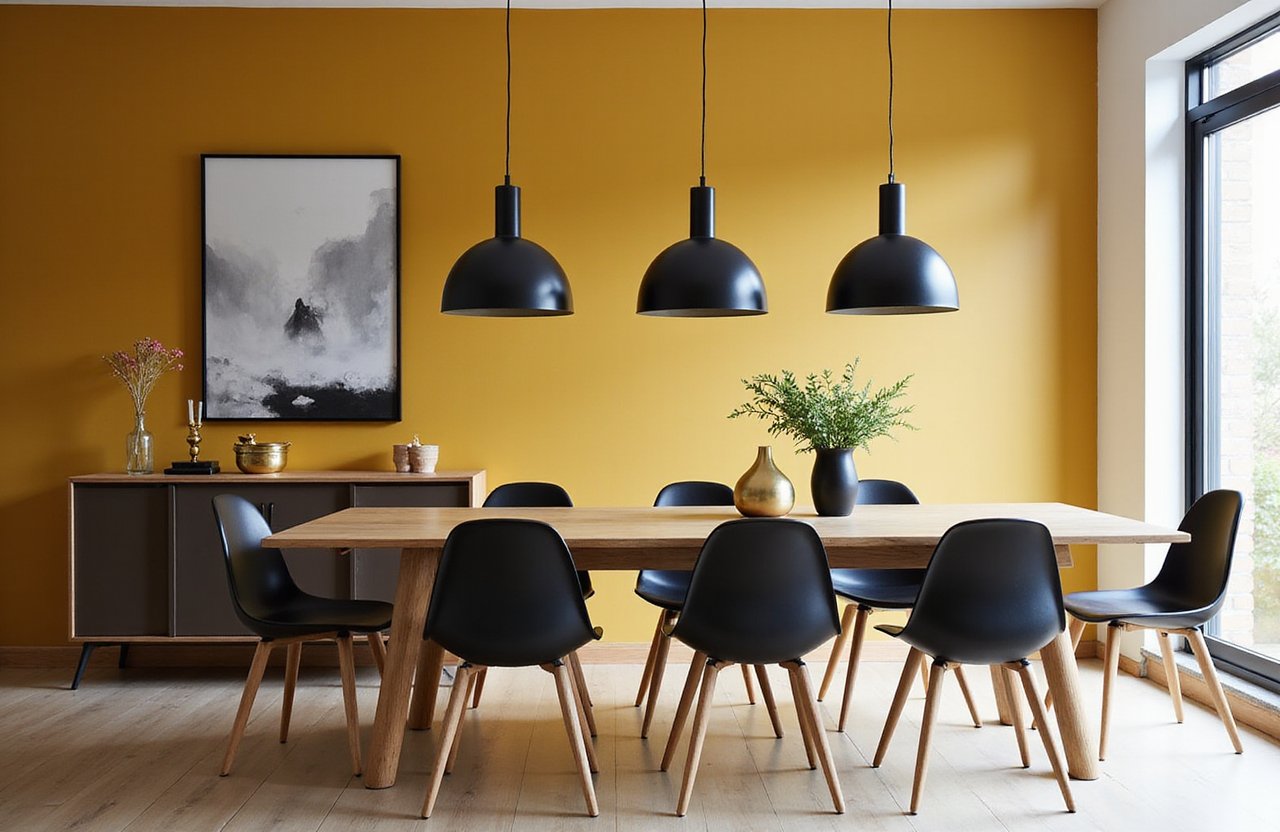 Dining room with mustard yellow accent wall – Top Interior Paint Colors for Canadian Homes in 2025