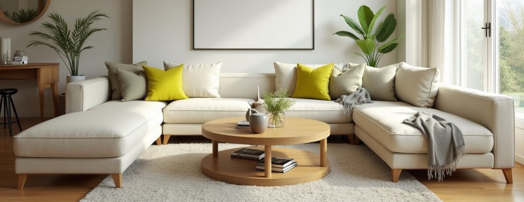 Bright Canadian living room with neutral paint and lime-green pillows – Top Interior Paint Colors for Canadian Homes in 2025
