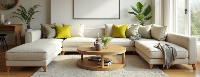 Bright Canadian living room with neutral paint and lime-green pillows – Top Interior Paint Colors for Canadian Homes in 2025