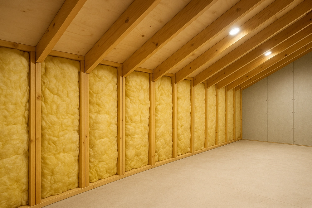 Attic walls with new insulation installation in Richmond Hill by Express Drywall Services.