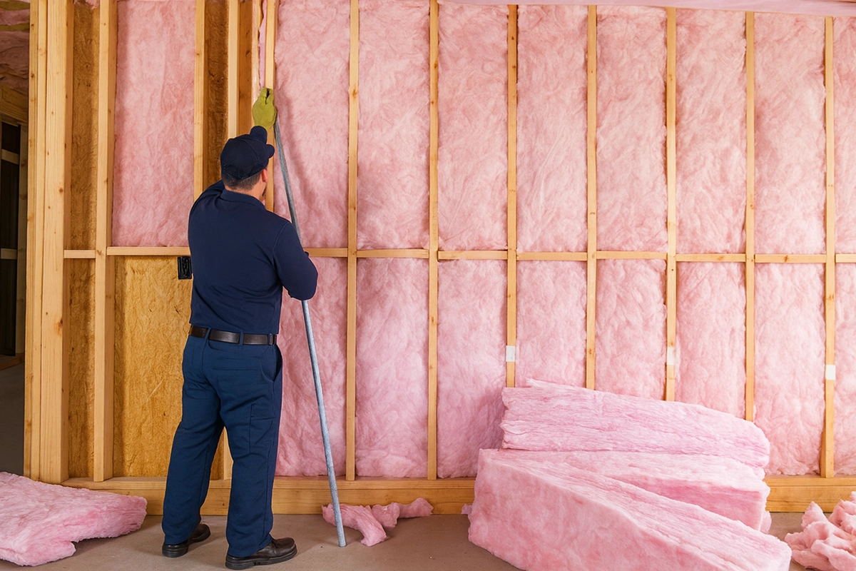 Contractor from Express Drywall Services installing pink fiberglass insulation in Richmond Hill.