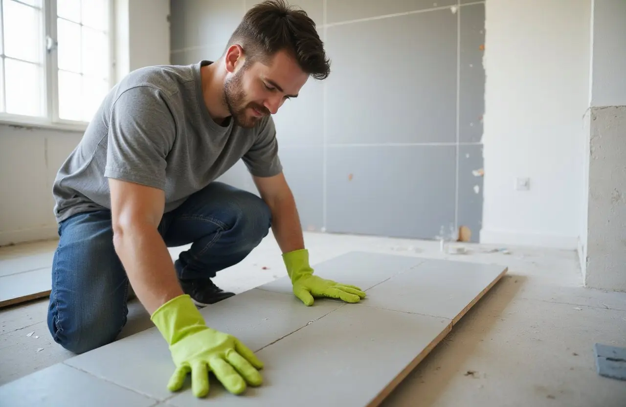 Contractor from Express Drywall Services installing tile backer panels in Richmond Hill.