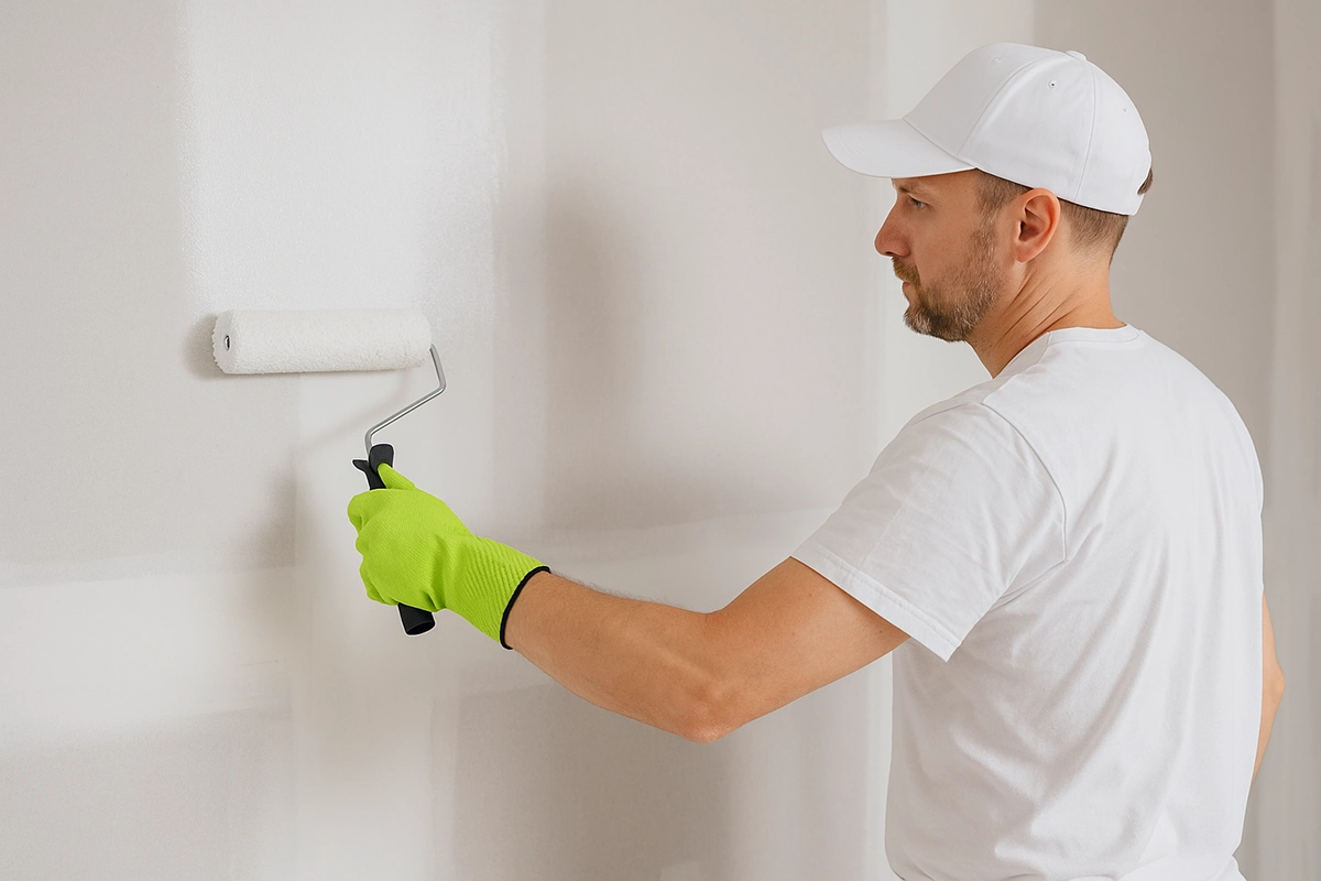 Contractor from Express Drywall Services applying primer with roller in Richmond Hill.
