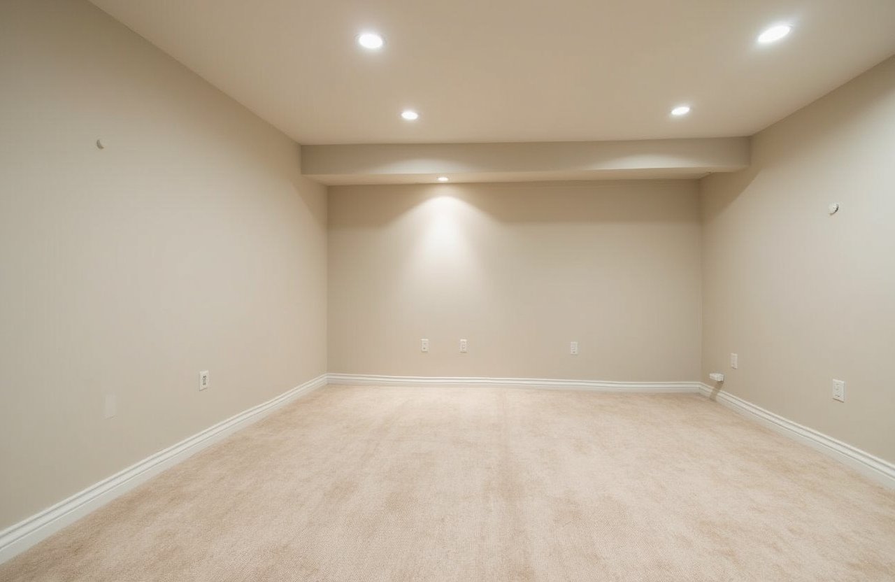 Basement with smooth walls after priming and painting in Richmond Hill by Express Drywall Services.