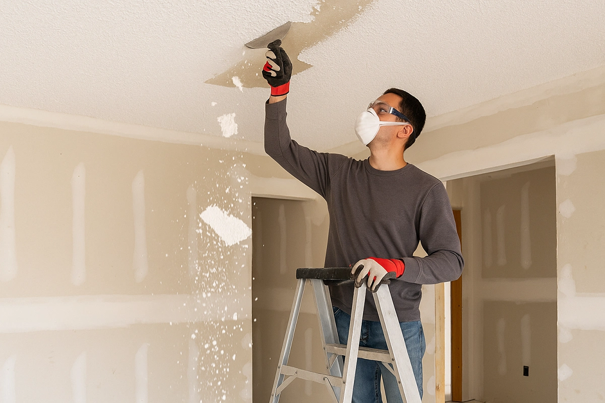 Contractor on ladder removing popcorn ceiling with protective gear – Popcorn Ceiling Removal in Richmond Hill by Express Drywall Services