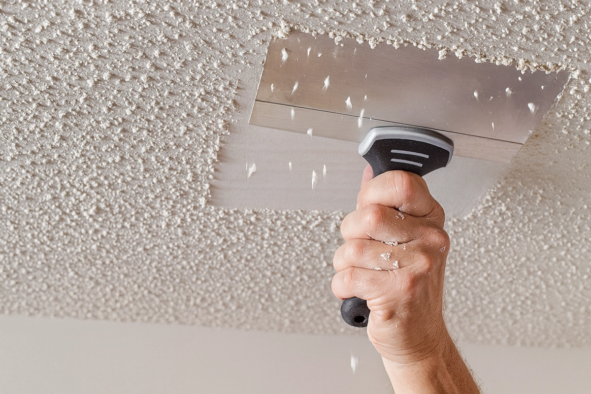 Hand removing popcorn ceiling texture with wide scraper – Popcorn Ceiling Removal in Richmond Hill by Express Drywall Services