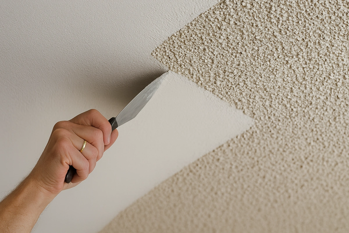 Close-up of popcorn ceiling removal with scraper tool – Popcorn Ceiling Removal in Richmond Hill by Express Drywall Services
