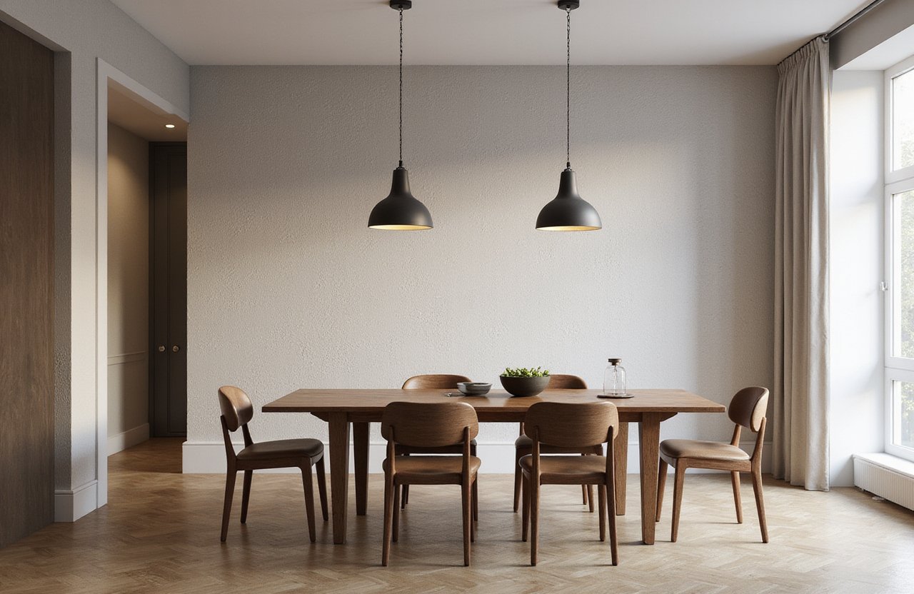 Contemporary dining room with textured wall finish, wooden table and pendant lighting – Texturing Services in Richmond Hill by Express Drywall Services