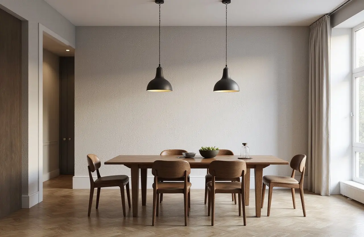 Contemporary dining room with textured wall finish, wooden table and pendant lighting – Texturing Services in Richmond Hill by Express Drywall Services