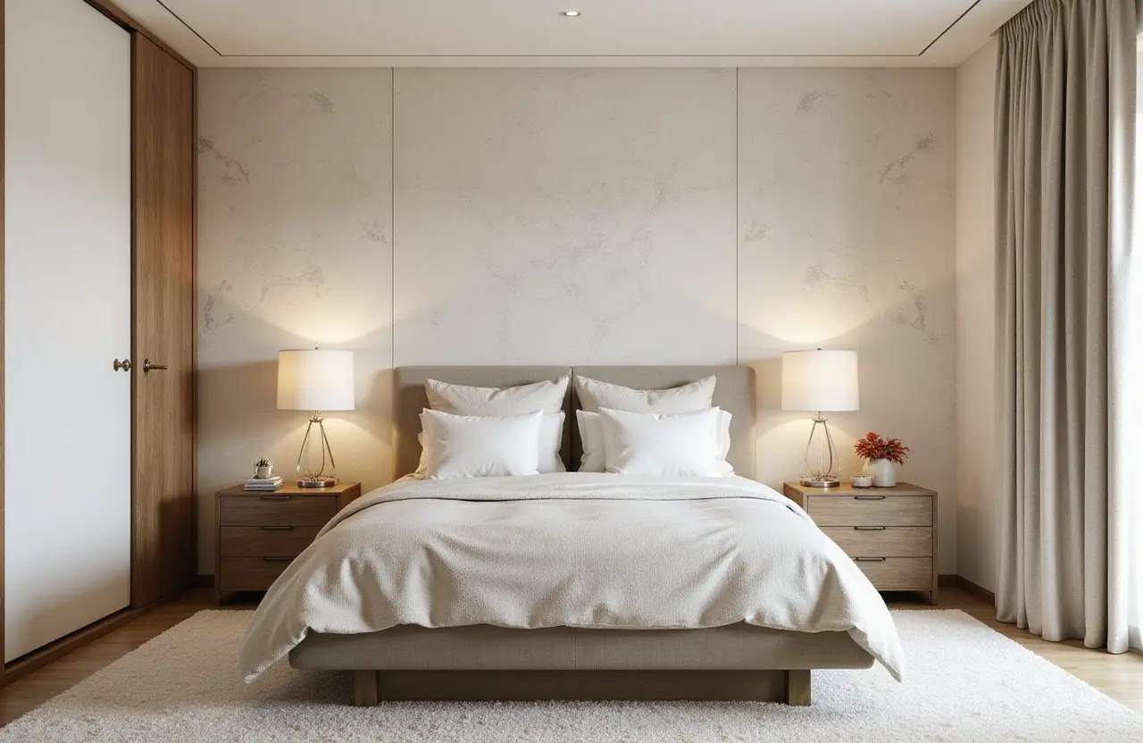 Cozy bedroom with textured accent wall, soft lighting and neutral design – Texturing Services in Richmond Hill by Express Drywall Services