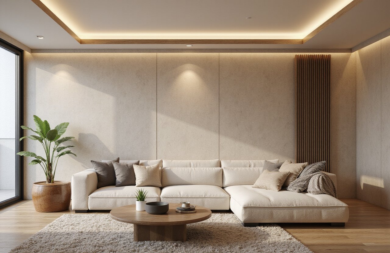 Modern living room with textured walls, beige sofa and wooden accents – Texturing Services in Richmond Hill by Express Drywall Services