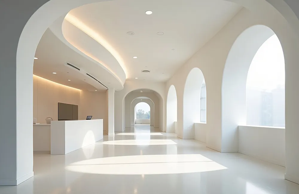 Modern commercial lobby with curved drywall features and arch windows from commercial custom archways and designs in Richmond Hill.