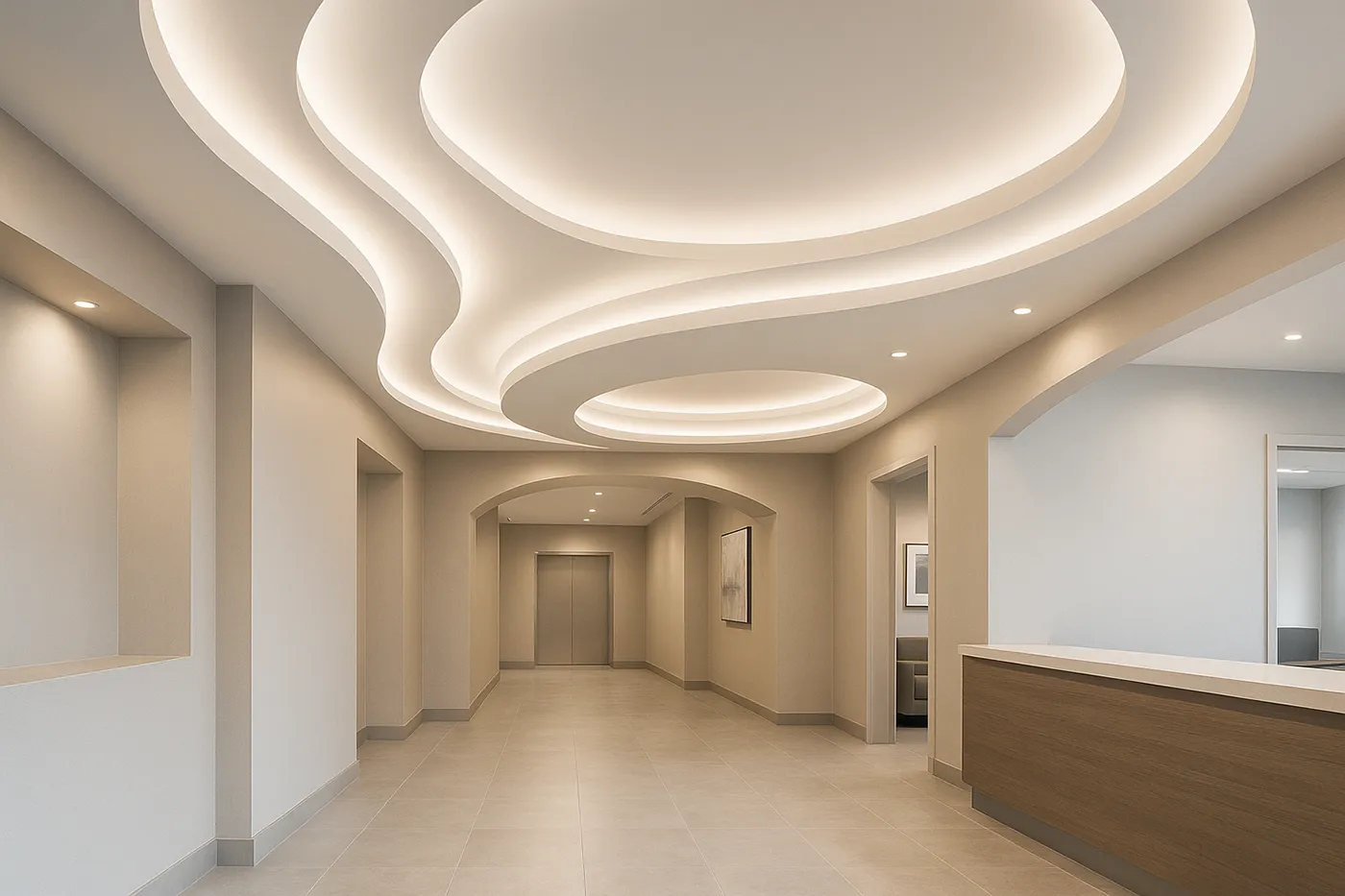 Interior hallway with layered ceiling and arch details from commercial custom archways and designs in Richmond Hill.