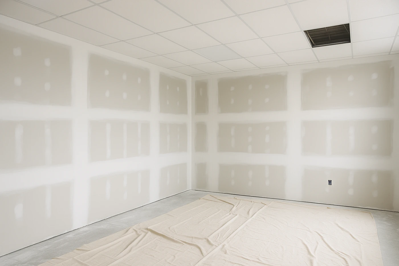 Finished commercial hallway with smooth drywall walls and ceiling lighting – best drywall solutions GTA.