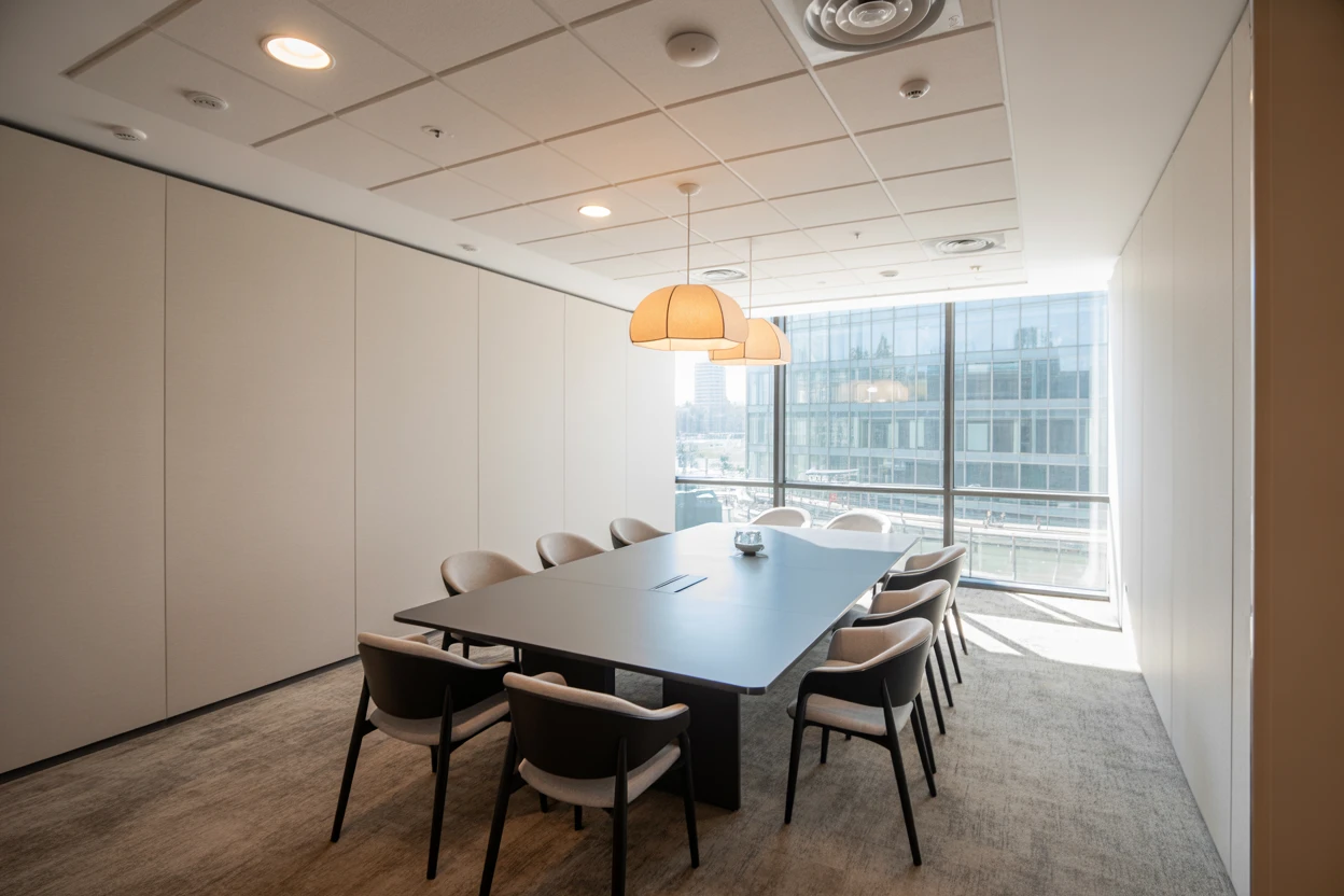 Conference room with smooth drywall walls and suspended ceiling panels – drywall finishes for office interiors.