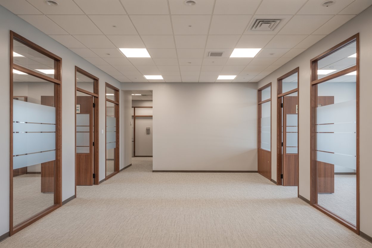 Office hallway with clean drywall walls, wood trim, and ceiling tiles – drywall finishes in commercial design.