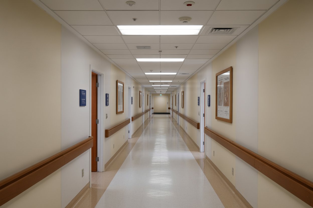 Medical clinic hallway with durable drywall finishes, bright lighting, and clean surfaces for healthcare interiors.
