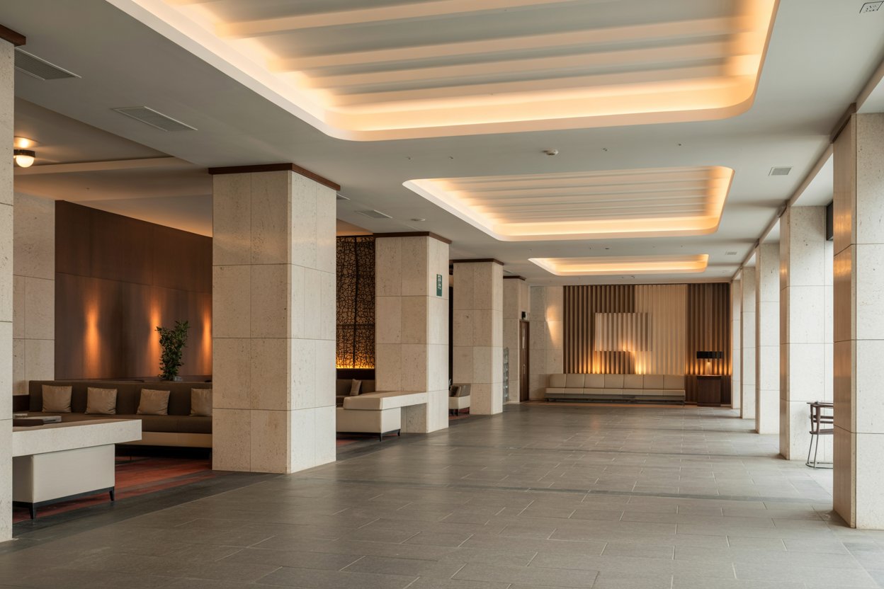 Modern hotel lobby with decorative drywall ceilings and smooth finished walls – drywall finishes for commercial interiors.