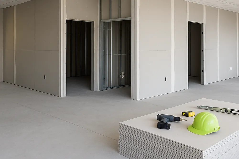 Commercial drywall installation in Richmond Hill during wall framing and panel setup by Express Drywall Services.