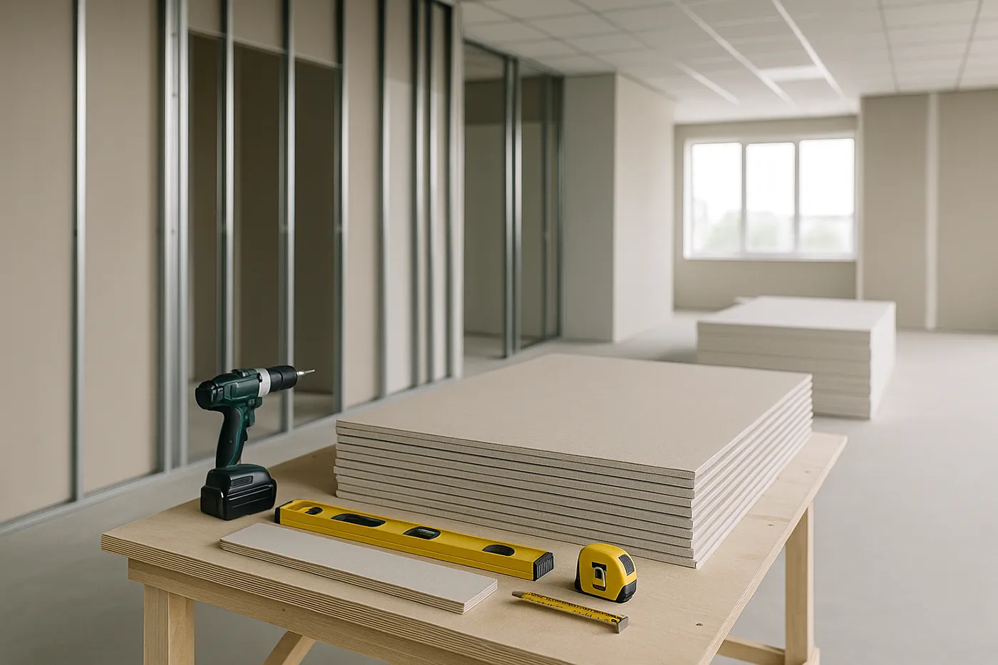 Tools and drywall panels prepared for commercial drywall installation in Richmond Hill by Express Drywall Services.