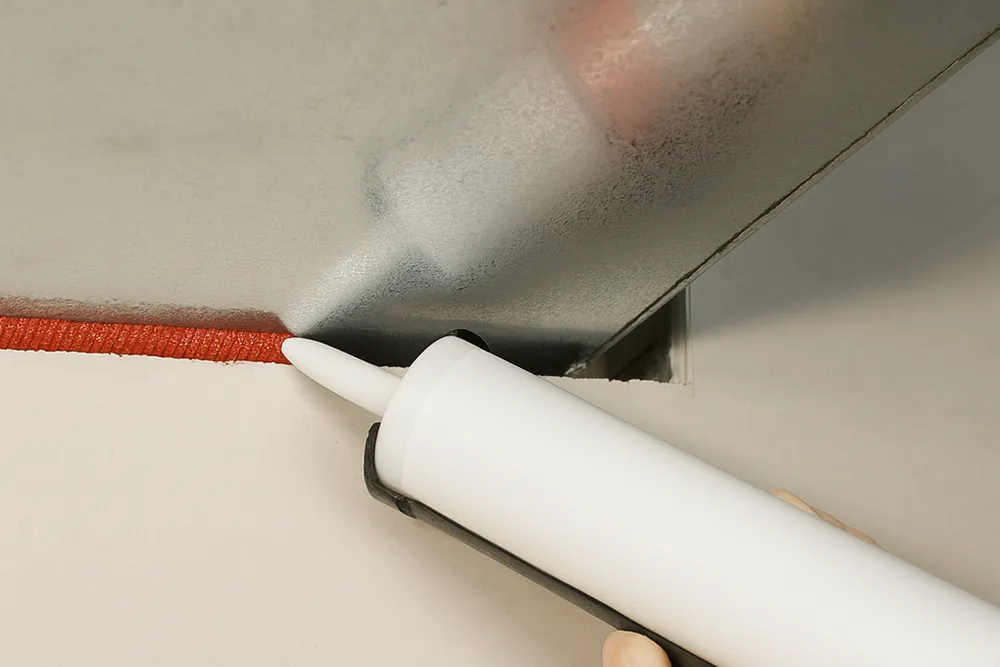 Fire-rated sealant applied along duct edge during fire caulking in Richmond Hill.