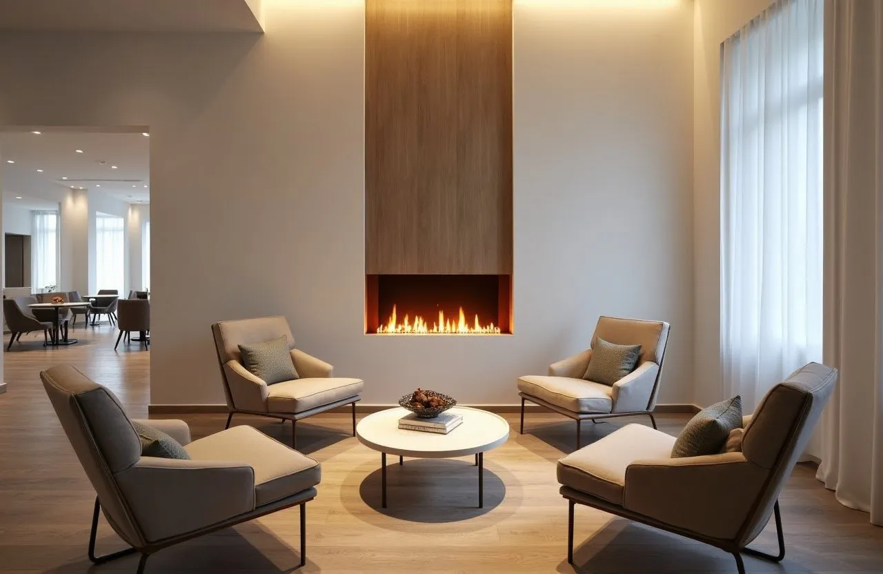 Contemporary office lounge with finished fire-rated drywall walls after commercial fire-resistant drywall installation in Richmond Hill.