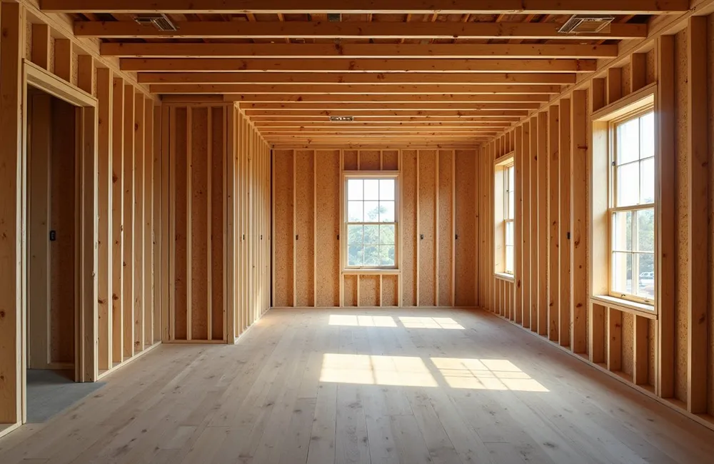 Wooden framing for walls and ceiling during commercial construction in Richmond Hill.