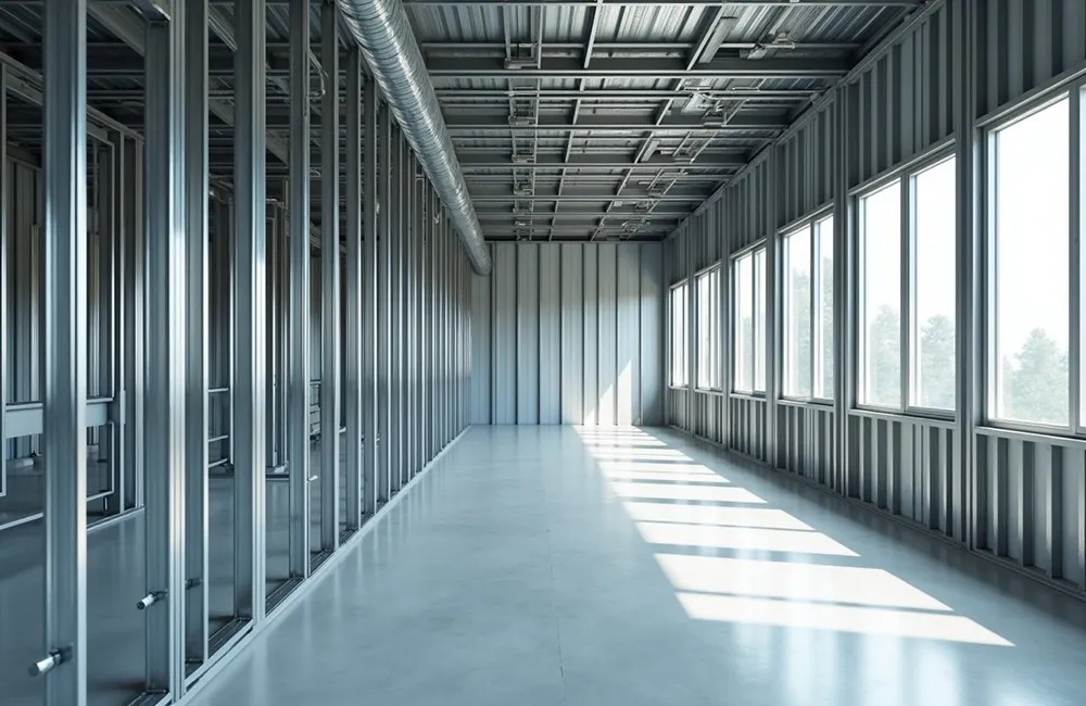 Completed steel stud framing and ceiling grid system during commercial framing in Richmond Hill.