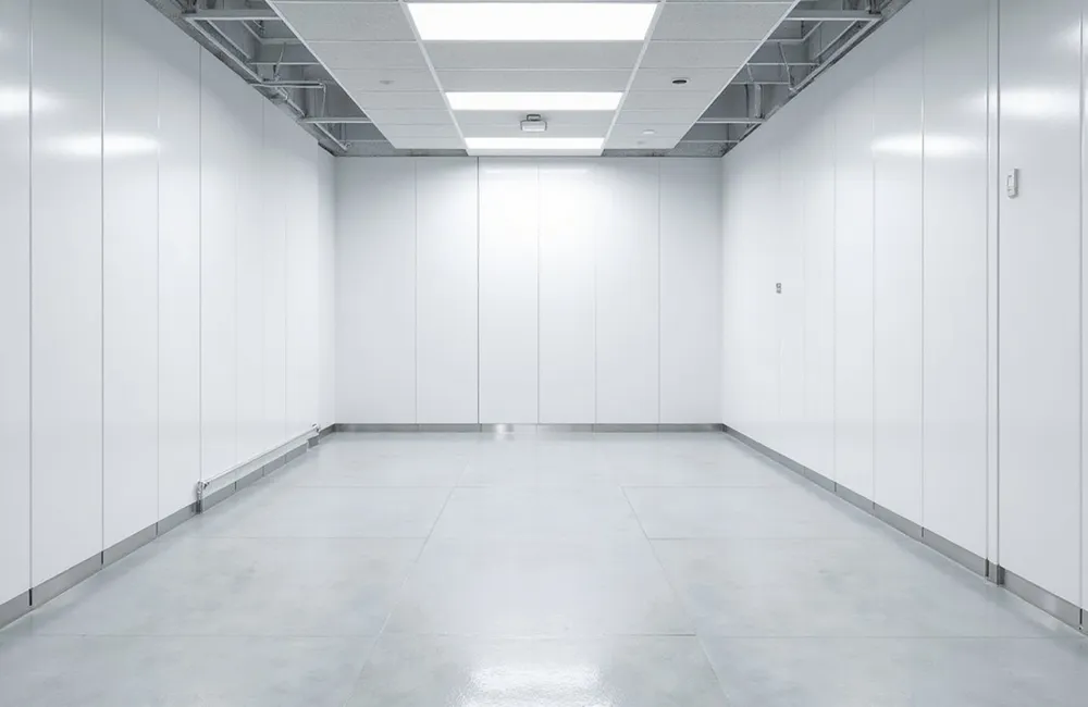 FRP installation in Richmond Hill – bright modern corridor with fully installed white FRP wall panels and finished ceiling grid.