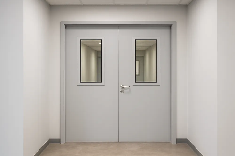 Commercial metal door installation in Richmond Hill – grey fire-rated double doors with glass windows and lever handles.