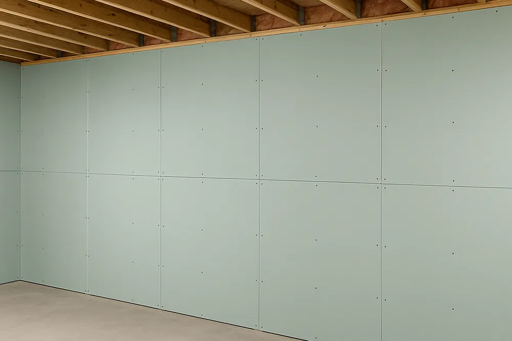 Moisture-resistant drywall panels installed on basement wall during commercial moisture-resistant drywall installation in Richmond Hill.