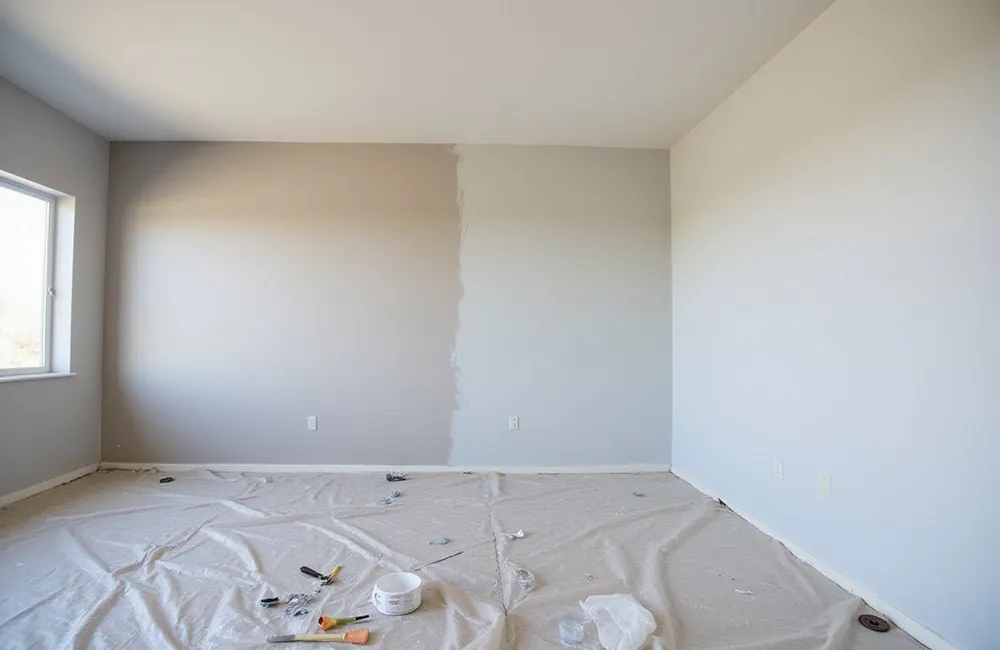 Half-painted wall showing color transition during priming and painting services in Richmond Hill.