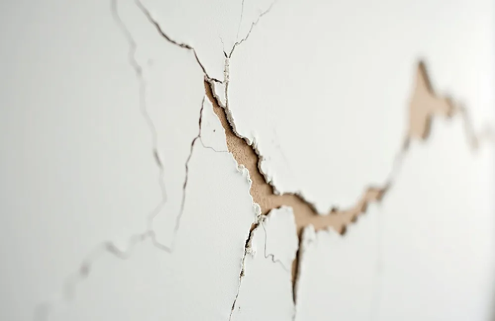 Cracked drywall surface showing structural damage before commercial drywall repair in Richmond Hill.