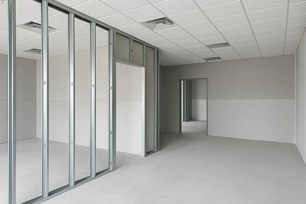 Office construction site showing completed metal framing for commercial fire and sound separation in Richmond Hill.