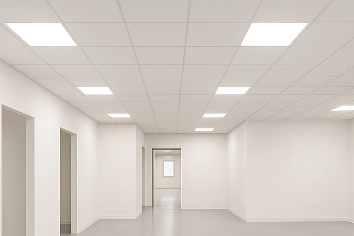 Modern commercial hallway with finished T-bar and drop ceilings installed during commercial T-Bar and drop ceilings in Richmond Hill.