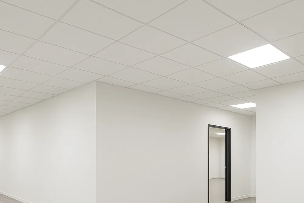 Clean white office interior featuring completed suspended ceiling from commercial T-Bar and drop ceilings in Richmond Hill.