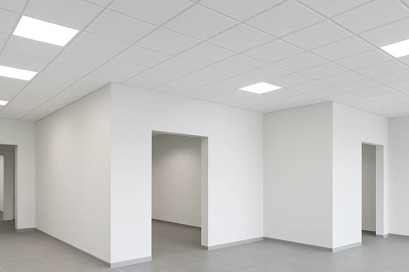 Bright commercial corridor with new suspended T-bar ceiling tiles installed during commercial T-Bar and drop ceilings in Richmond Hill.