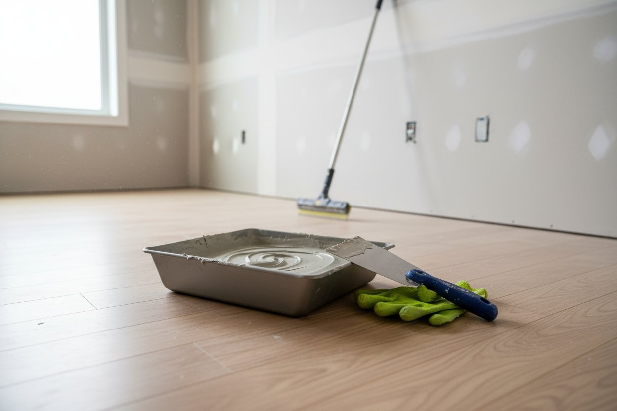 Drywall taping tools placed on the floor during finishing work in an Aurora residence.