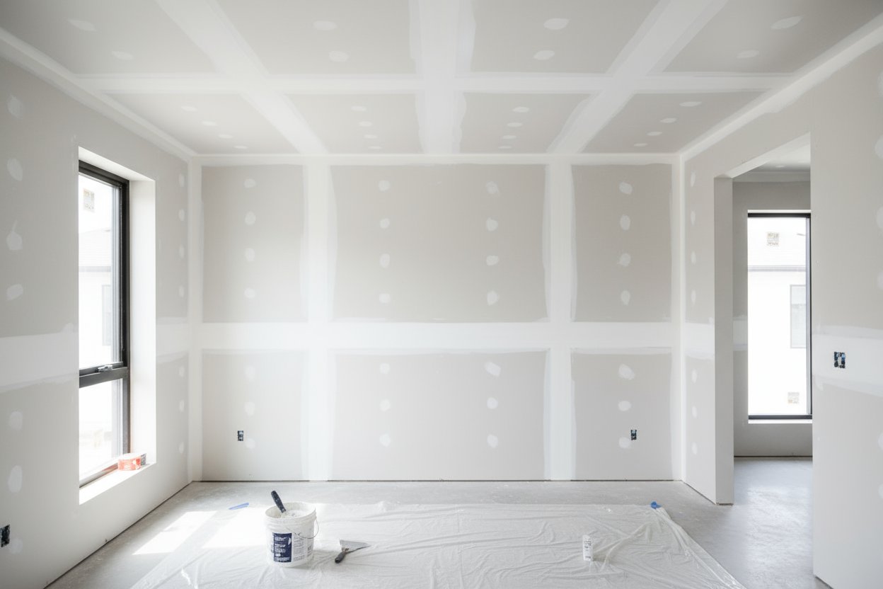 Completed drywall walls and ceiling in a bright room in Aurora, Ontario.