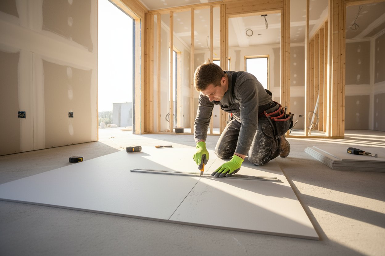 Contractor cutting drywall panels on-site during installation in an Aurora home.